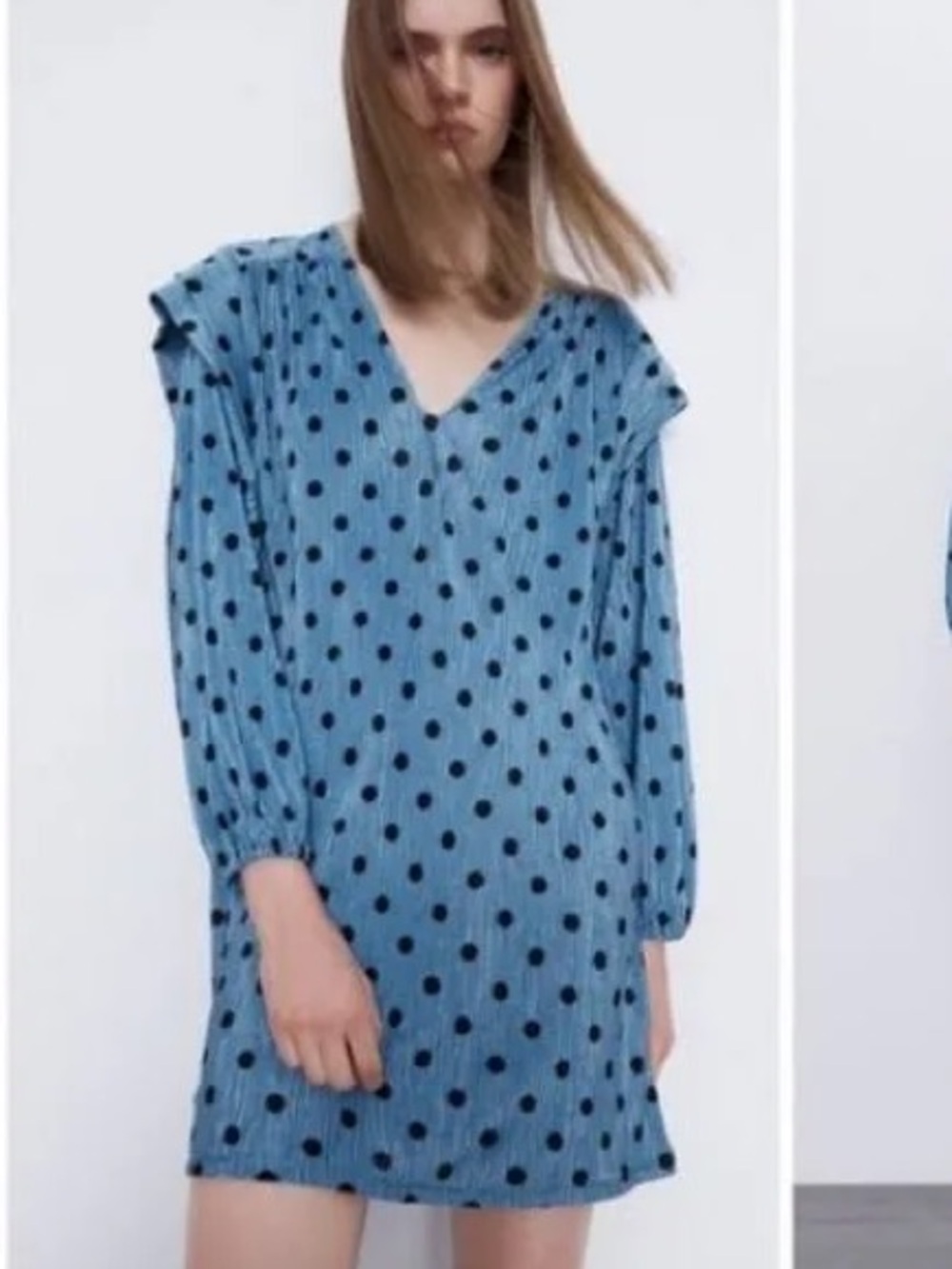 Zara Blue Polka Dot V-Neck Long Sleeve Dress